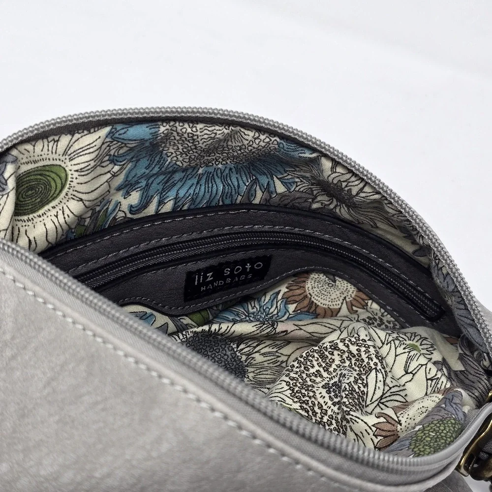 Liz Soto Hobo Bag Womens Medium Gray Soft Faux Leather Crossbody Floral Lining‎
